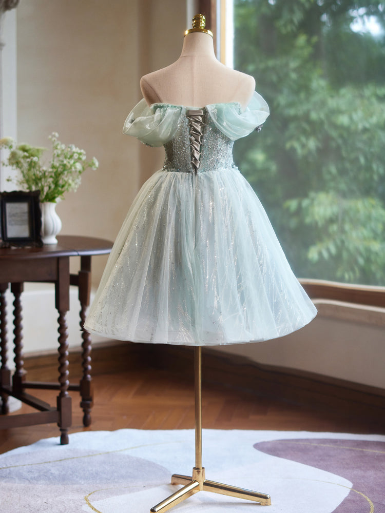 A-Line Off Shoulder Tulle Green Short Prom Dress, Green Homecoming Dress