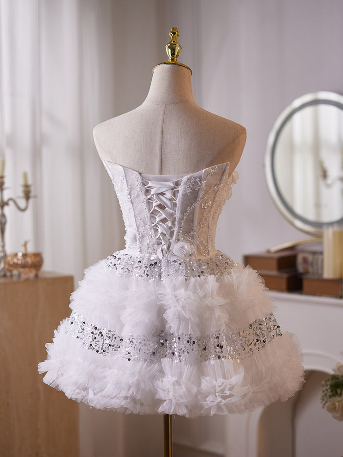 A-Line Sequin Beads White Short Prom Dress, White Homecoming Dress