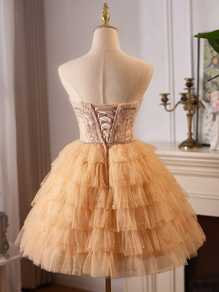 A-Line Tulle Lace Champagne Short Prom Dress, Champagne Homecoming Dress