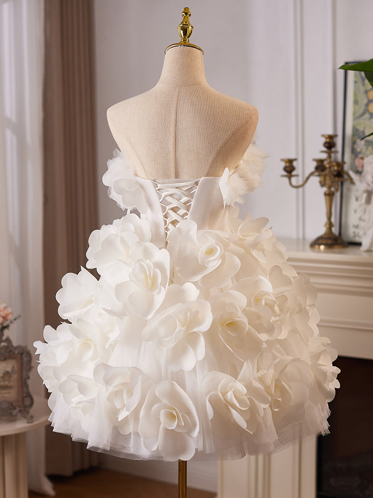 White Tulle Flower Ball Gown Short Prom Dress, Cute Sweet 16 Dress – toptby