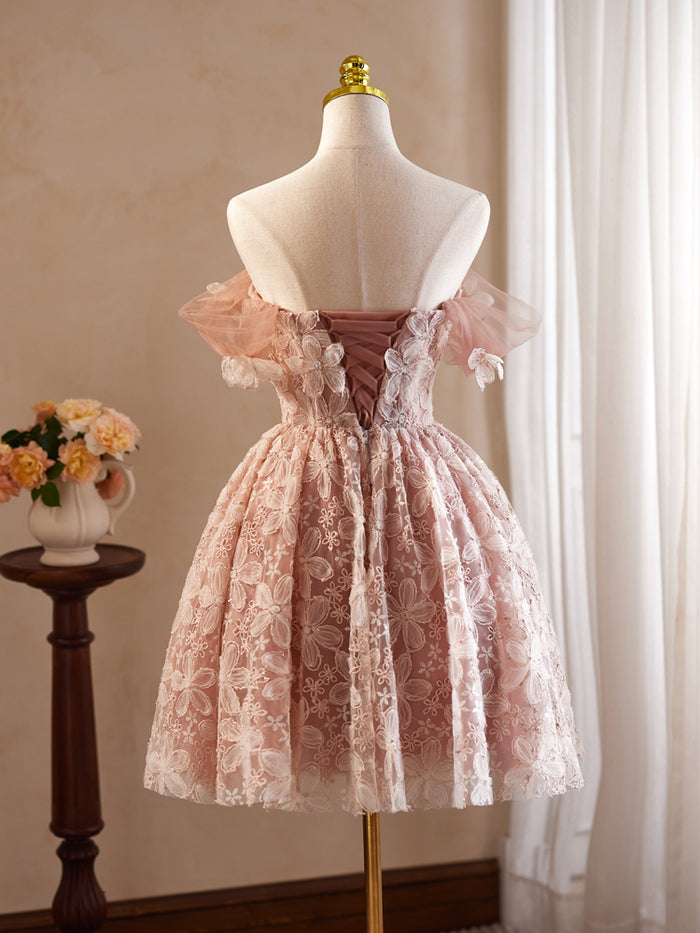 A-Line Off Shoulder Tulle Lace Pink Short Prom Dress, Pink Homecoming Dress