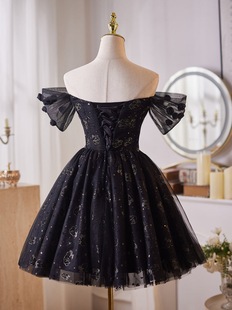 A-Line Off Shoulder Tulle Beads Black Short Prom Dress, Black Homecoming Dress