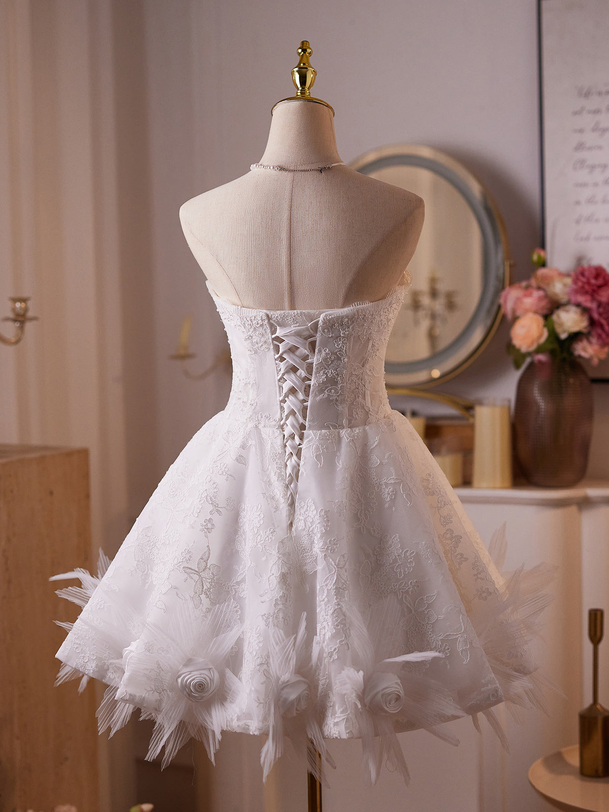 White Sweetheart Neck Lace Short Prom Dress, White Homecoming Dress