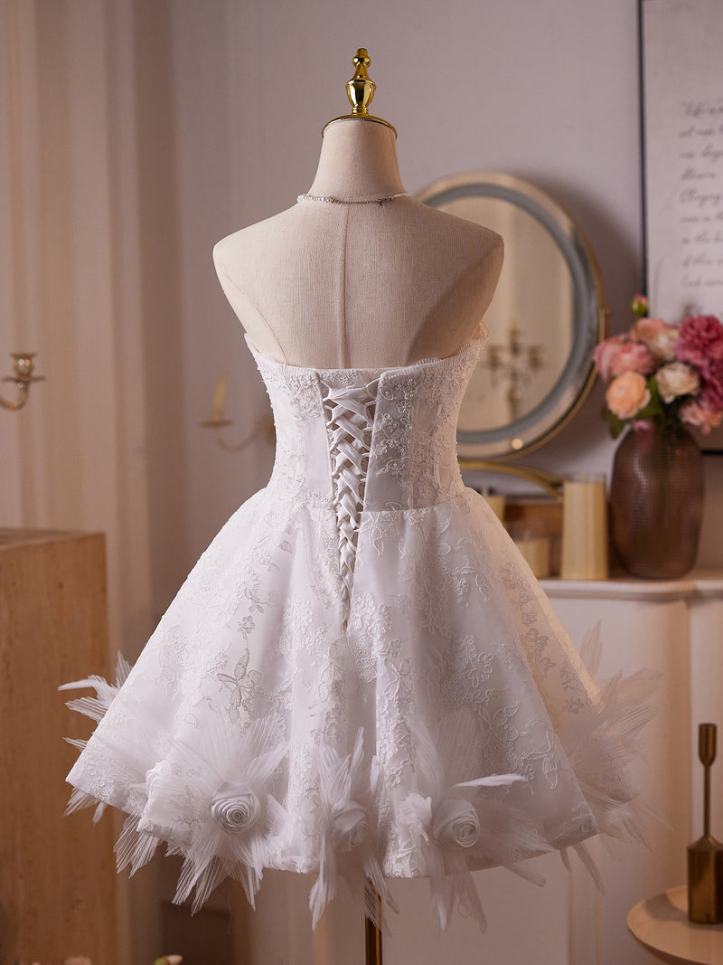 White Sweetheart Neck Lace Short Prom Dress, White Homecoming Dress