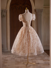 A-line Champagne Pink Tulle Lace Tea Length Prom Dress with Beads