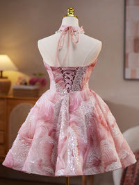 A-Line Pink Lace Flower Pink Short Prom Dress, Pink Homecoming Dress