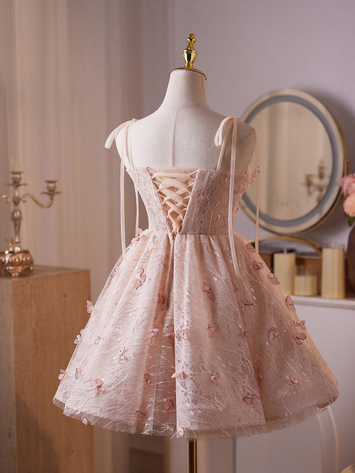 A-Line Sweetheart Neck Butterfly Pink Prom Dress, Pink Homecoming Dress