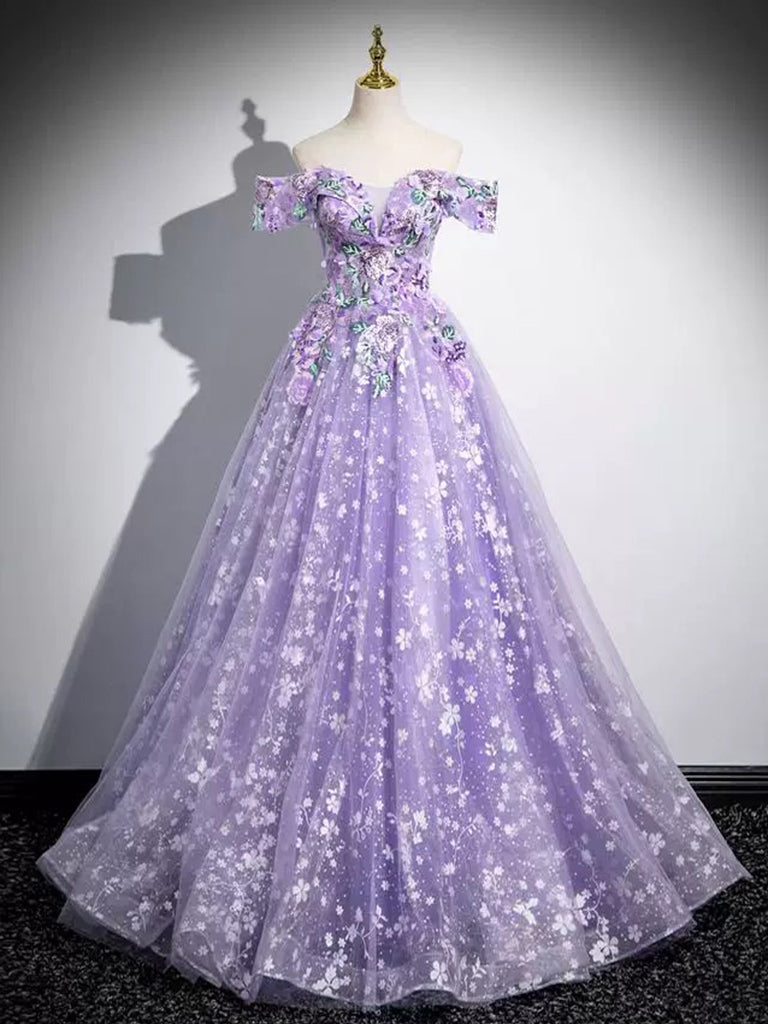 A-Line Off Shoulder Tulle Lace Purple Long Prom Dress, Purple Long For – toptby A-Line Off Shoulder Tulle Lace Purple Long Prom Dress, Purple Long For – toptby