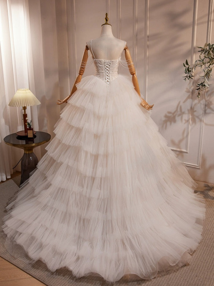 A-Line Sweetheart Neck Tulle Lace Applique Beige Long Prom Dress with Beads