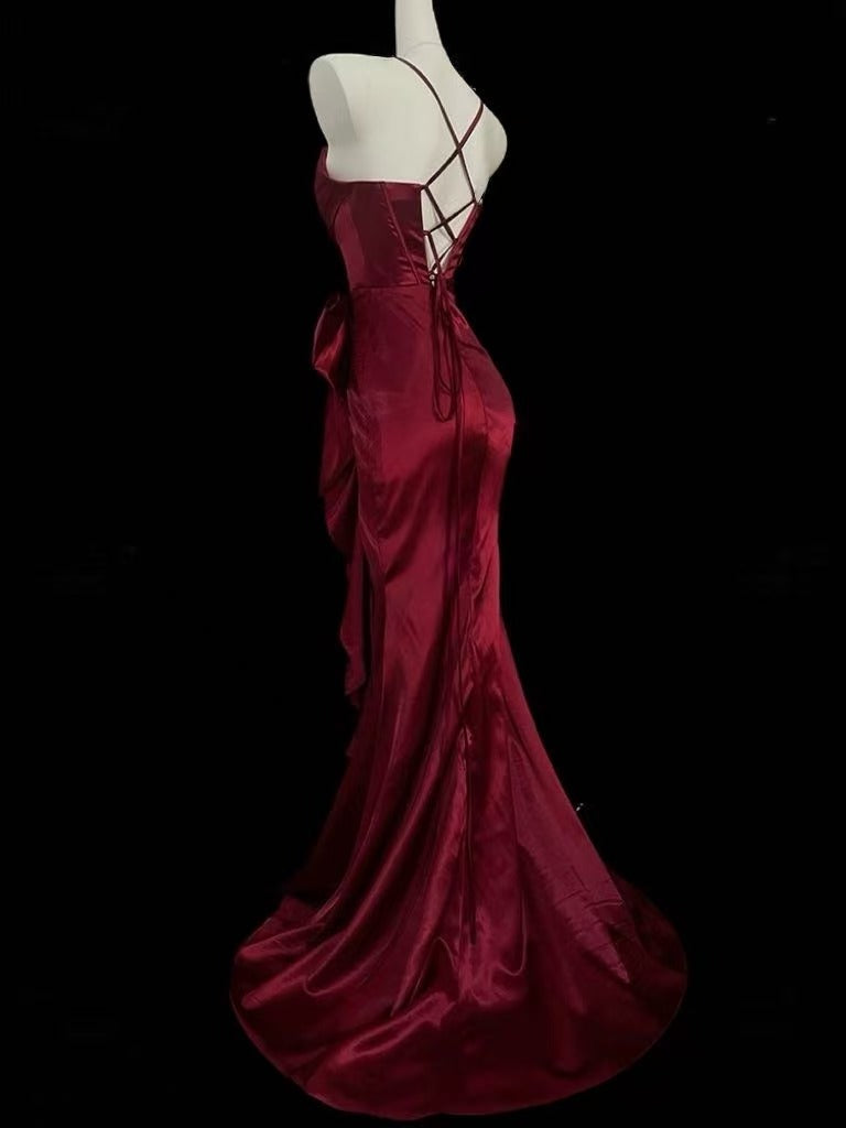 Mermaid Satin Burgundy Long Prom Dress, Burgundy Party Dress