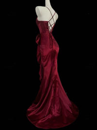 Mermaid Satin Burgundy Long Prom Dress, Burgundy Party Dress