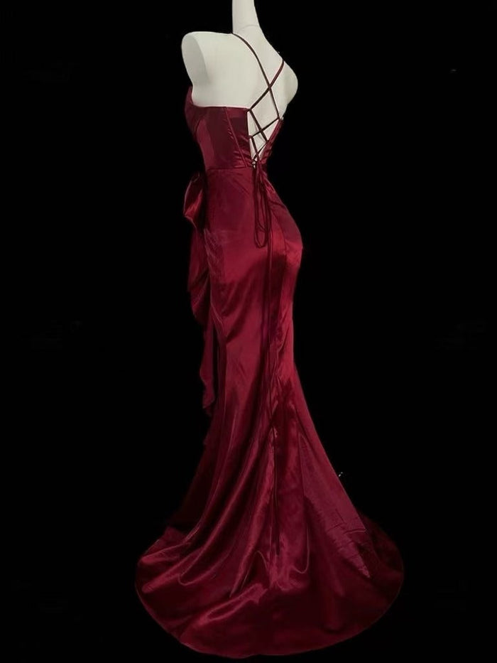 Mermaid Satin Burgundy Long Prom Dress, Burgundy Party Dress