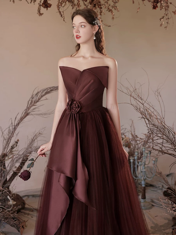 A-Line V Neck Tulle Brownish Red Long Prom Dress, Tulle Long Formal Dress