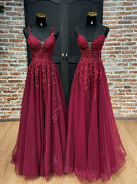 A-Line V Neck Tulle Lace Burgundy Long Prom Dress, Burgundy Long Evening Dress