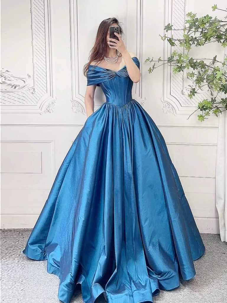 Off Shoulder Blue Long Prom Dress, A-Line Blue Long Formal Dress