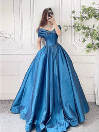Off Shoulder Blue Long Prom Dress, A-Line Blue Long Formal Dress