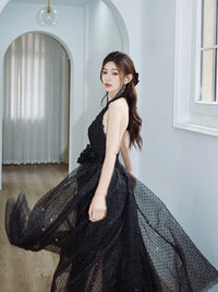 A-Line V Neck Tulle Floor Length Black Prom Dress, Black Party Dress