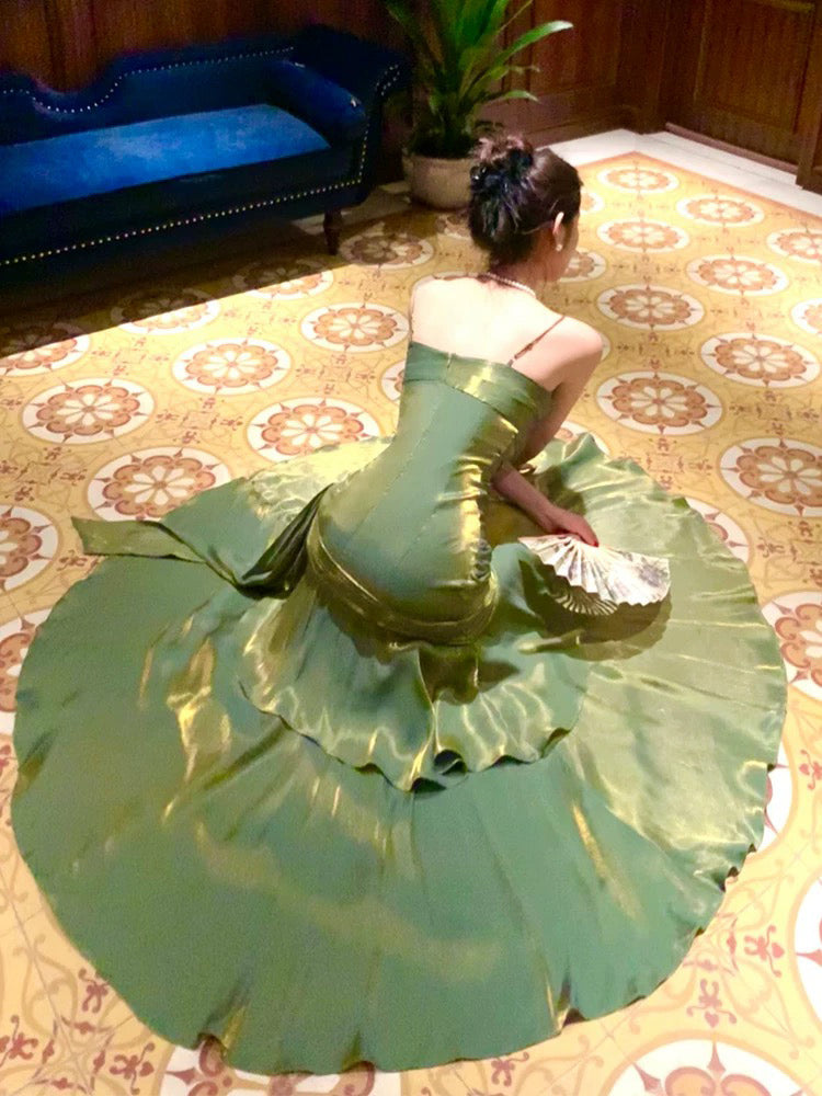 Mermaid Sweetheart Floor Length Silk Green Party Prom Dress