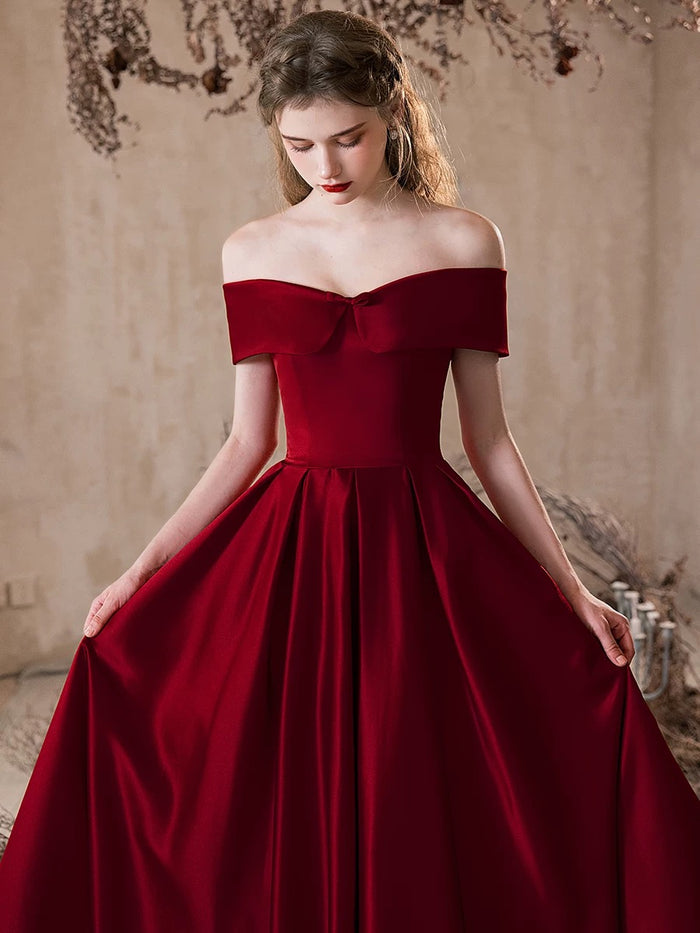 A-Line Off Shoulder Satin Burgundy Long Prom Dress, Burgundy Long Formal Dress