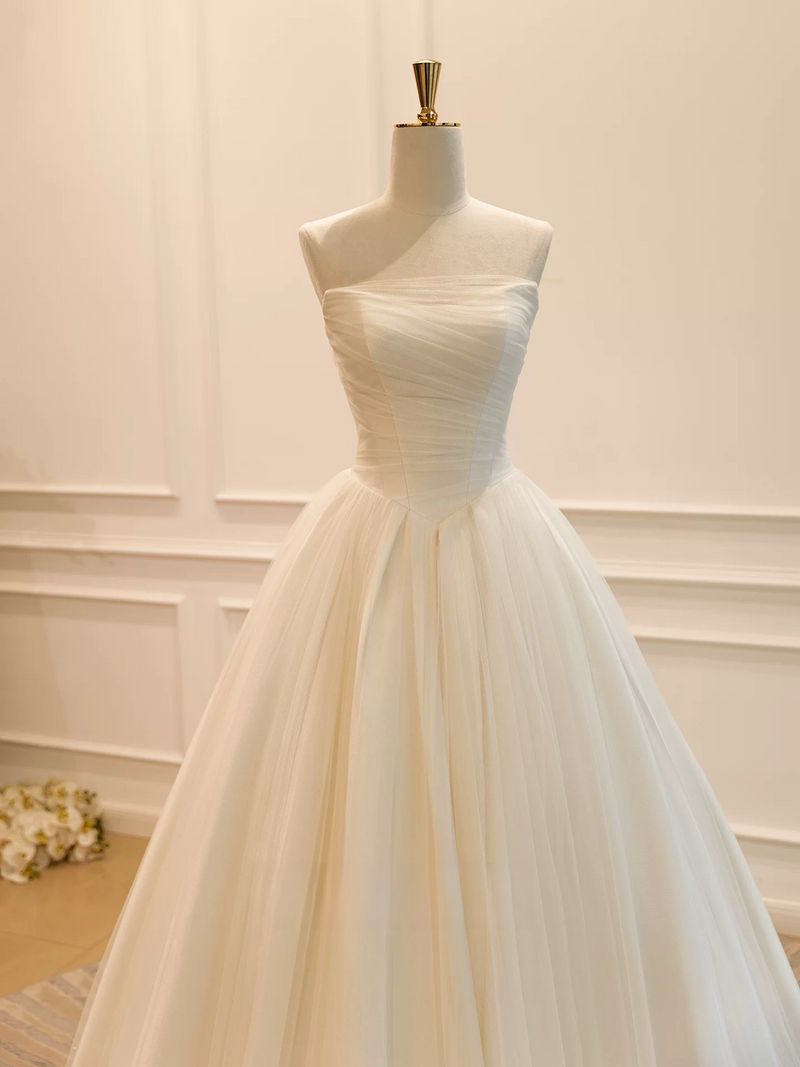 A-Line Tulle Light Champagne Long Prom Dress, Light Champagne Evening Dress