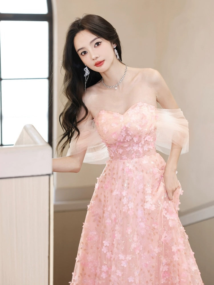 A-Line Off Shoulder Tulle Lace Pink Long Prom Dress, Pink Long Formal Dress