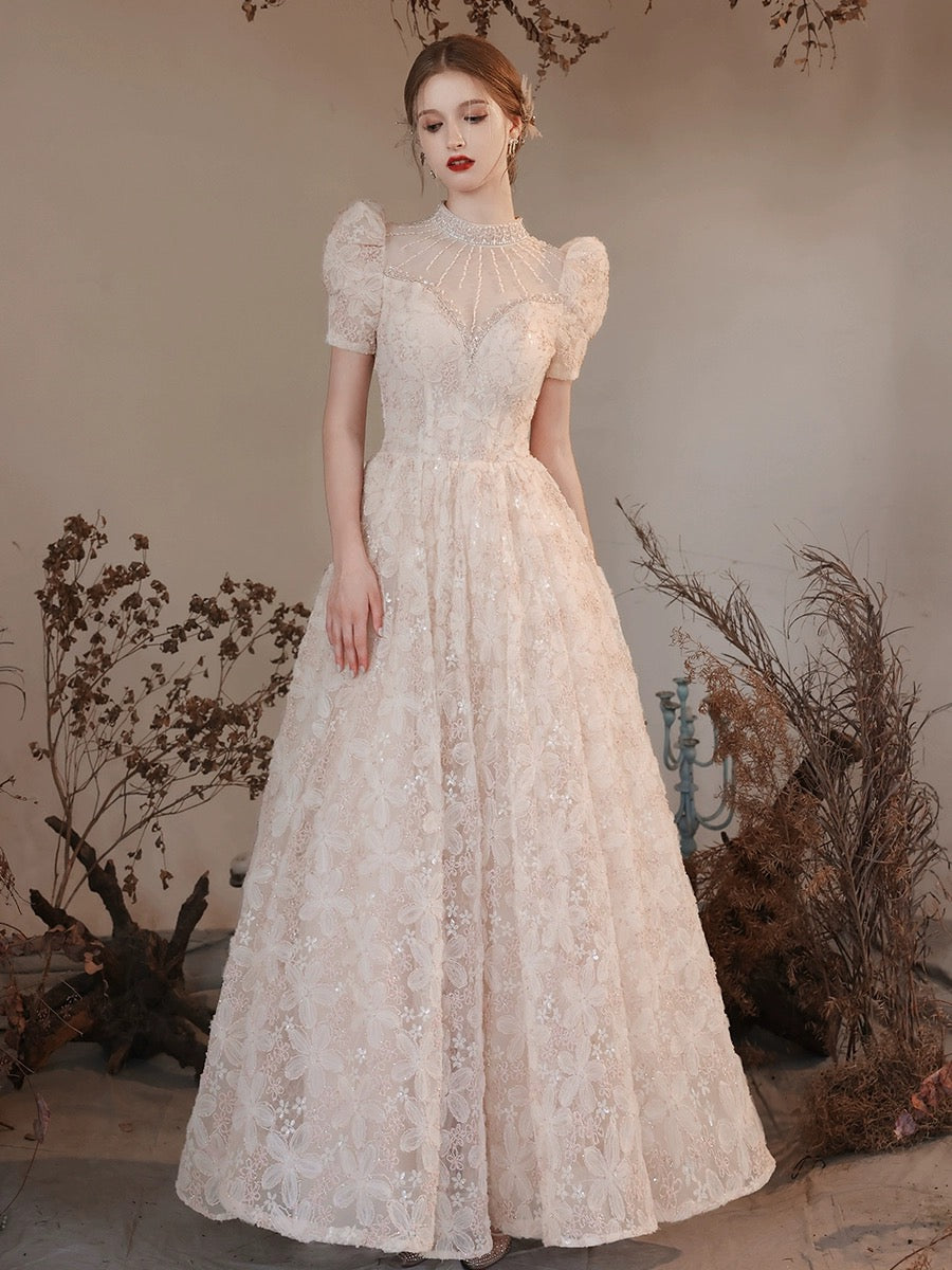 vintage lace champagne dress Retro Champagne 50s Tea Length Lace Formal Wedding Dress Size 20W / Champagne