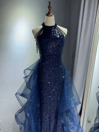 A-Line Tulle Sequin Dark Blue Long Prom Dress, Dark Blue Long Formal Dress