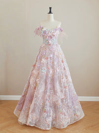 A-Line V Neck Tulle 3D Applique Pink Long Prom Dress, Pink Long Formal Dress