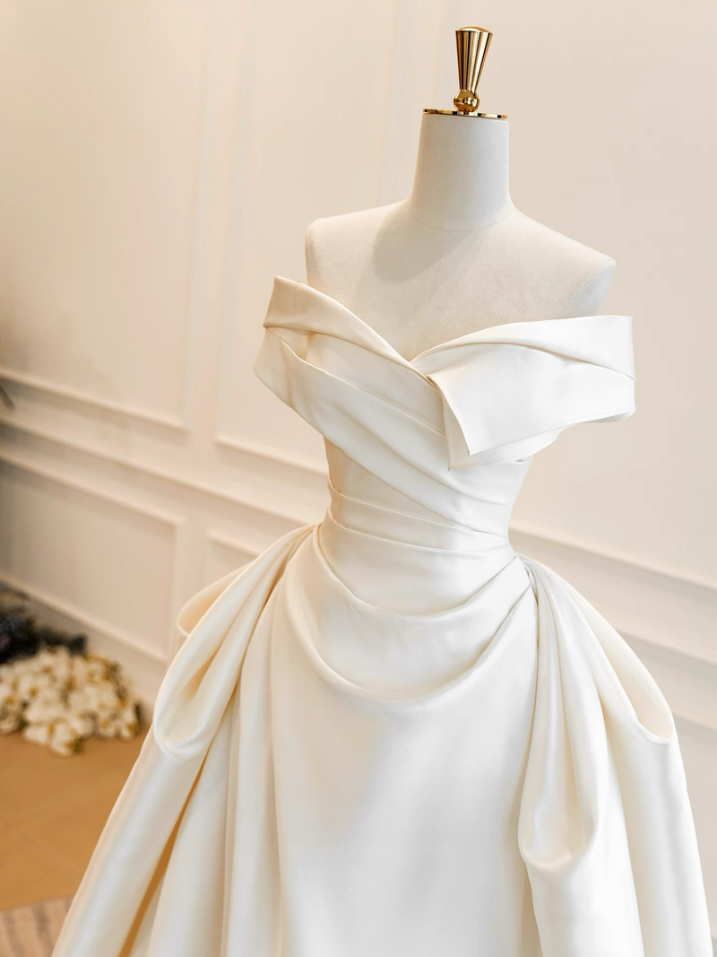A-Line Off Shoulder Satin Light Champagne Long Prom Dress, Light Champagne Long Formal Dress