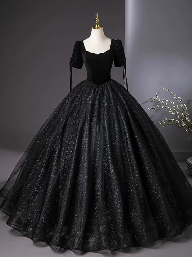 A-Line Tulle Velvet Sequin Black Long Prom Dress, Black Long Evening Dress