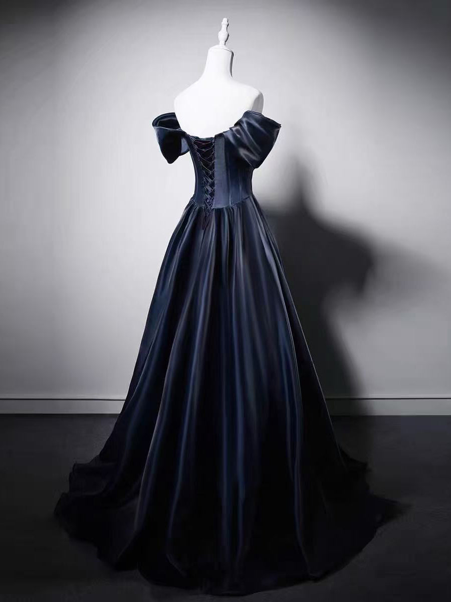 A-line Sweetheart Neck Off Shoulder Dark Blue Long Prom Dress with Beads