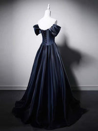 A-line Sweetheart Neck Off Shoulder Dark Blue Long Prom Dress with Beads