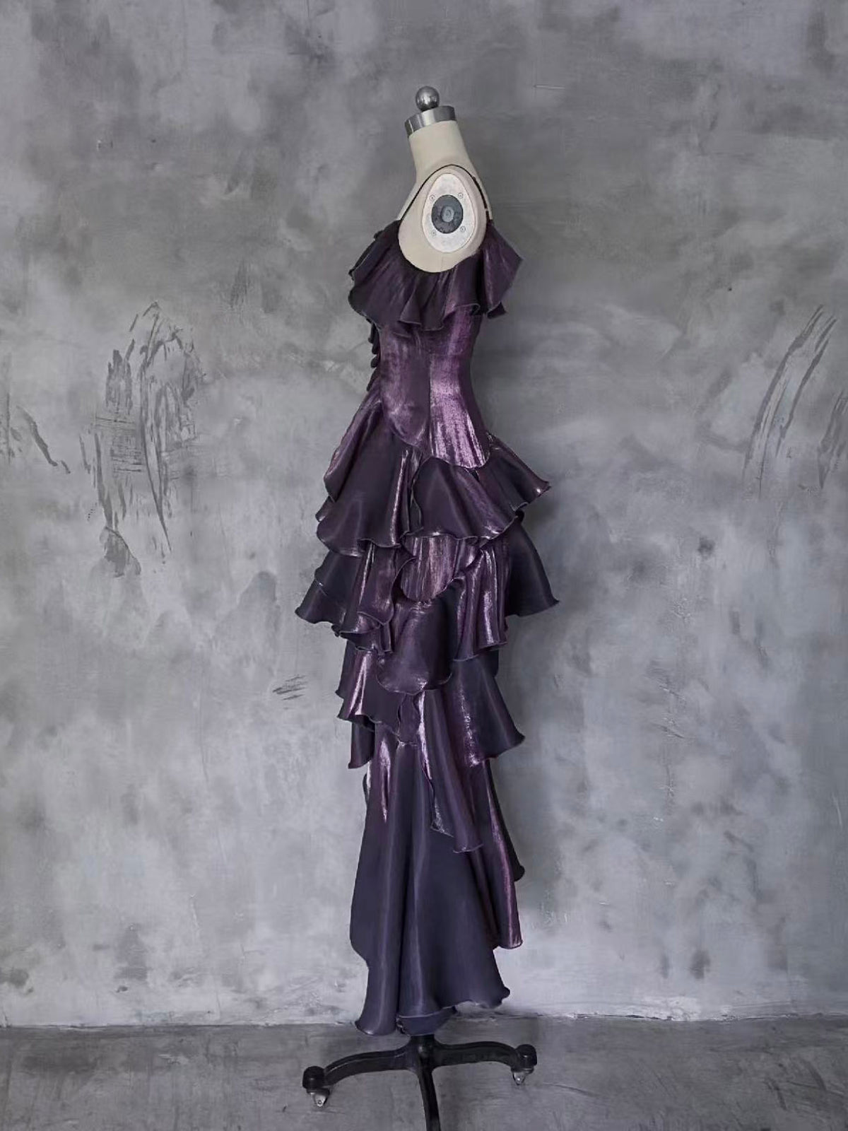 A-line Off Shoulder Silk Irregular Ruffles Purple Prom Dress