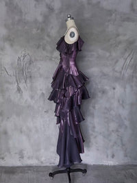 A-line Off Shoulder Silk Irregular Ruffles Purple Prom Dress