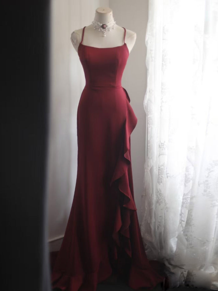 Simple A-Line Ruffles Burgundy Long Prom Dress, Burgundy Party Dress