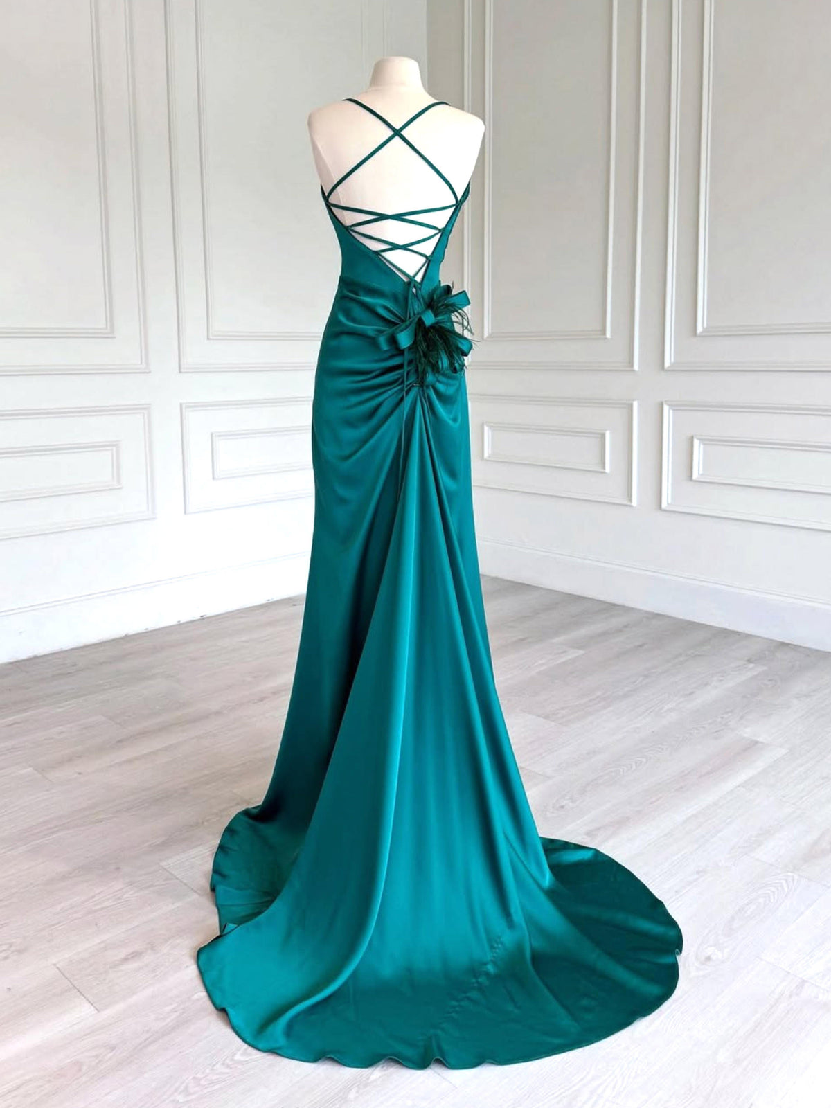 Simple Backless Satin Sweep Train Long Prom Dress