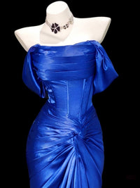 Mermaid Off Shoulder Sweep Train Satin Blue Prom Dress