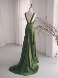 Simple V Neck Satin Green Long Prom Dress, Green Long Formal Dress