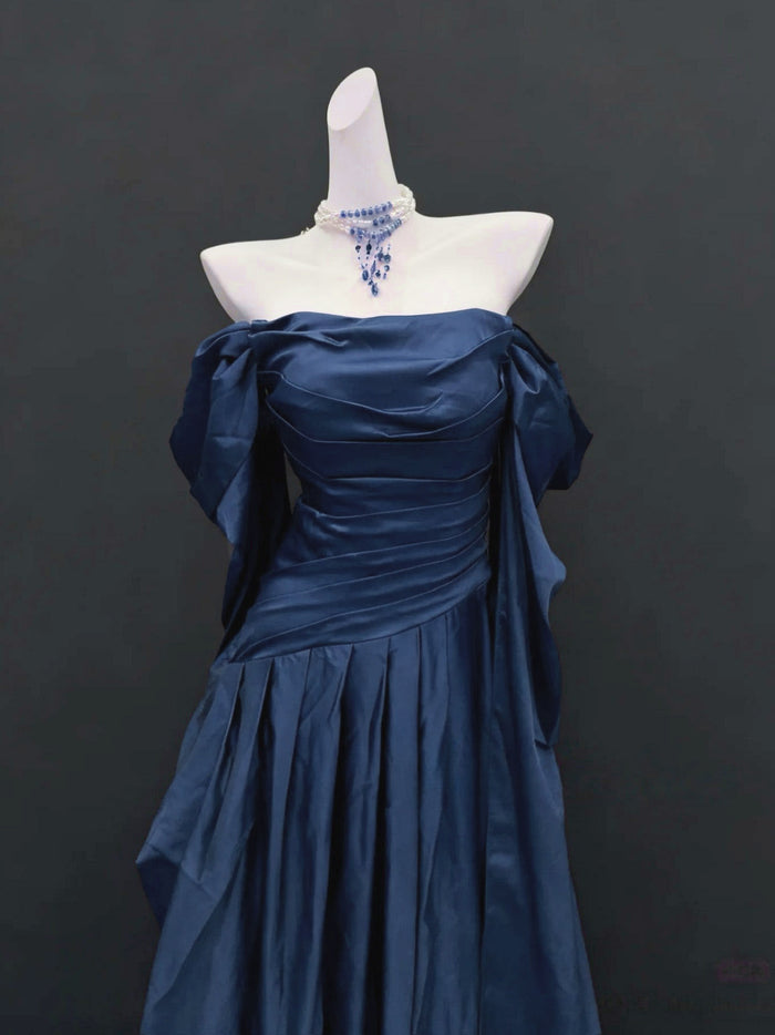A-Line Off Shoulder Sweep Train Satin Dark Blue Long Prom Dress, Blue Evening Dress