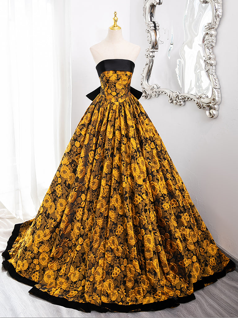 A-Line Yellow Satin Lace Long Prom Dress, Yellow Long Evening Dress