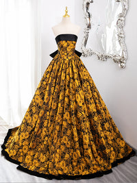 A-Line Yellow Satin Lace Long Prom Dress, Yellow Long Evening Dress