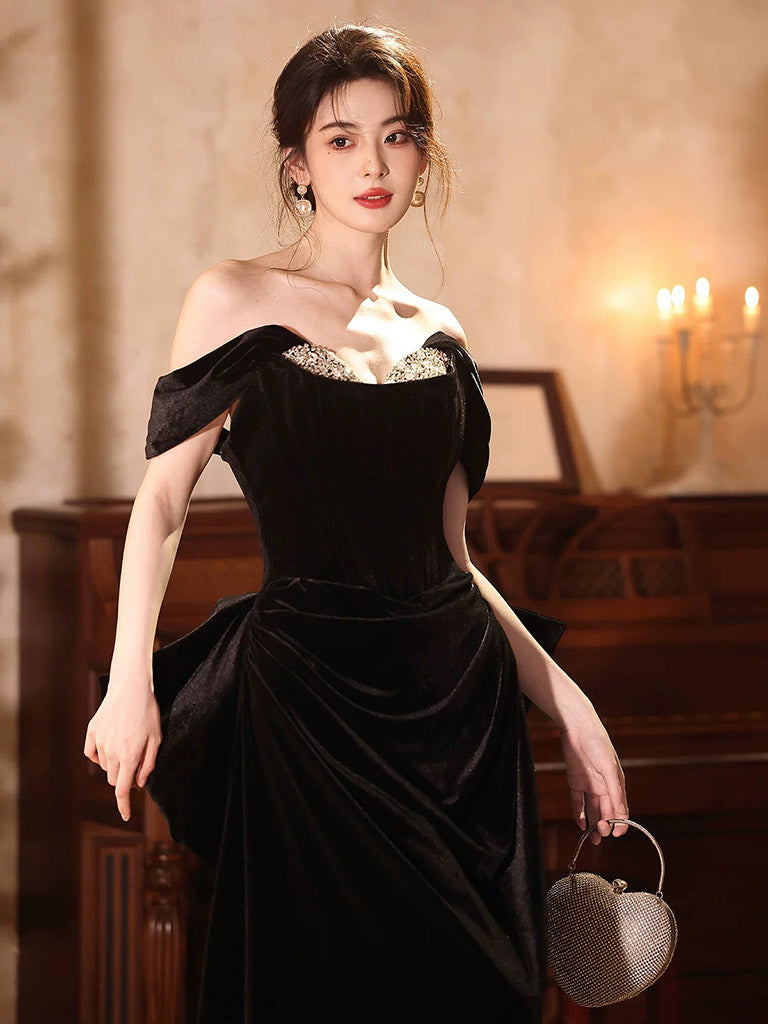 A-Line Off Shoulder Velvet Black Long Prom Dress, Black Evening Dress