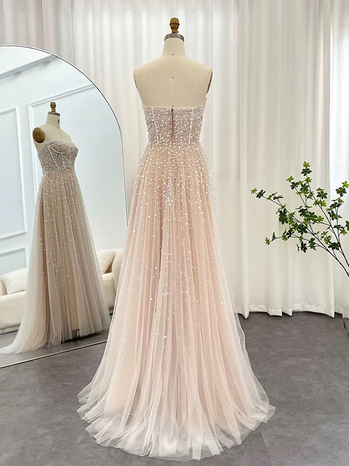 A-Line Tulle Beads Sequin Champagne Long Prom Dress, Champagne Formal Dress