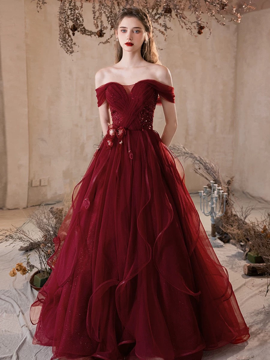A-Line Off Shoulder Tulle Burgundy Long Prom Dress, Burgundy Long Even toptby A-Line Off Shoulder Tulle Burgundy Long Prom Dress, Burgundy Long Even toptby