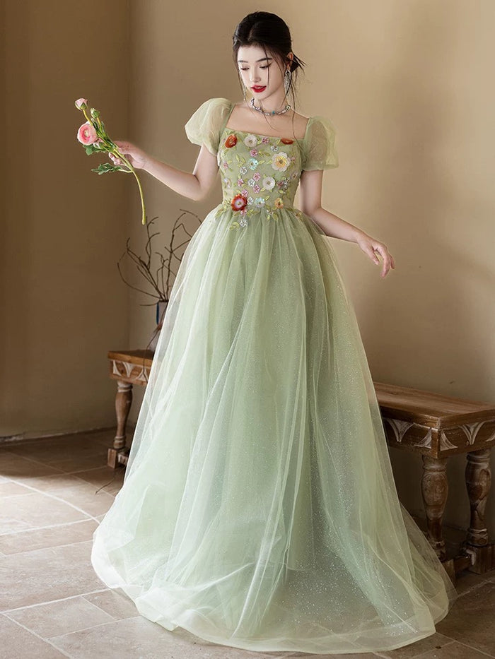 A-Line Puff Sleeves Tulle Flower Green Long Prom Dress, Green Long Formal Dress