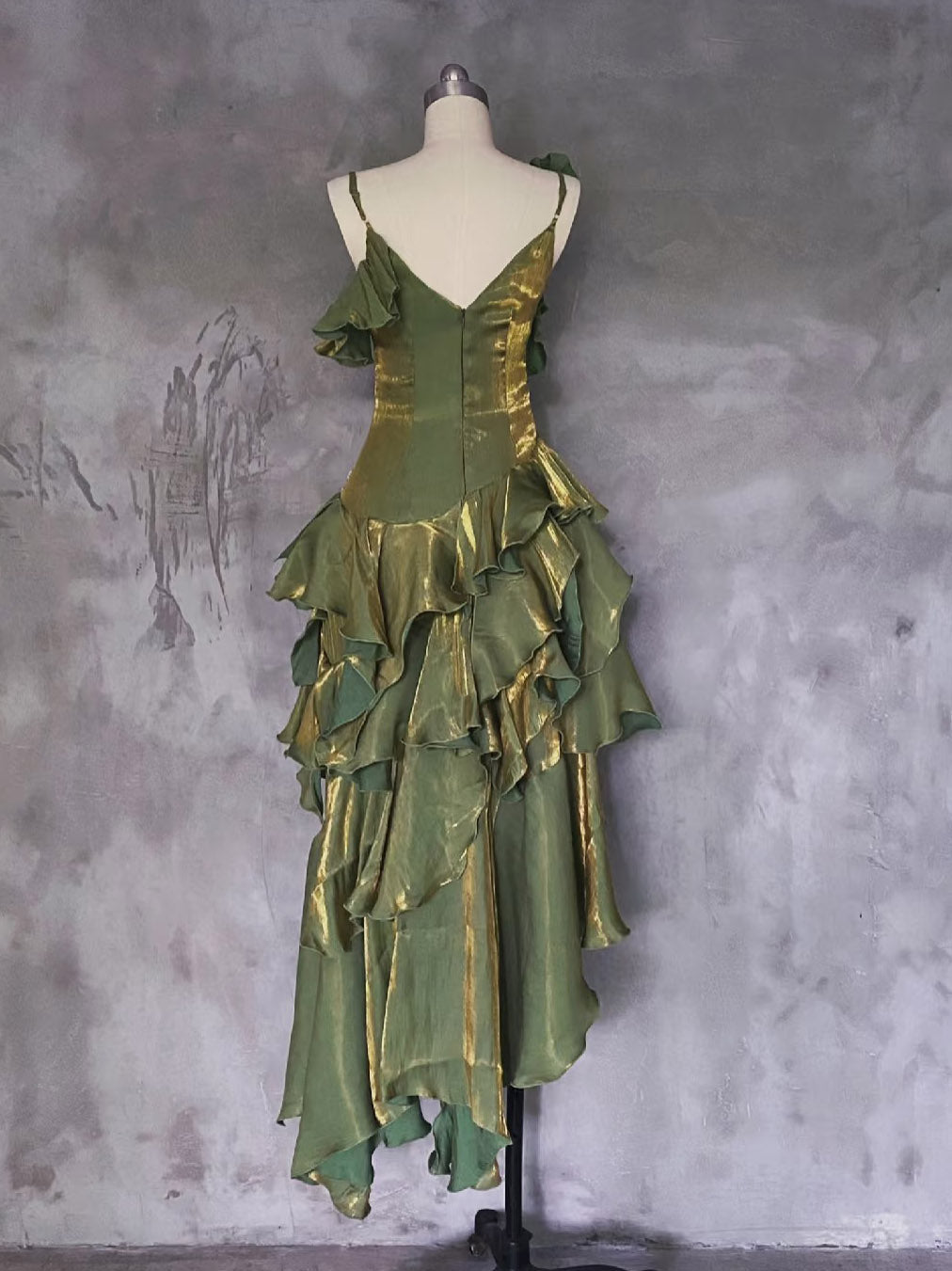 A-line Off Shoulder Silk Irregular Ruffles Green Prom Dress