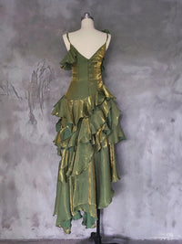 A-line Off Shoulder Silk Irregular Ruffles Green Prom Dress