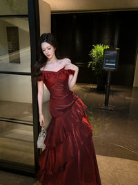 A-line Off Shoulder Satin Floor Length Burgundy Prom Dress