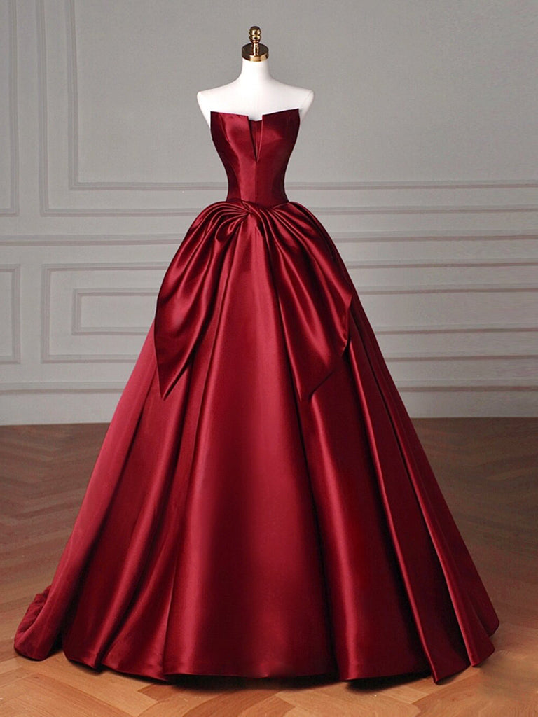 Simple A-Line Satin Burgundy Long Prom Dress, Burgundy Long Evening Dress