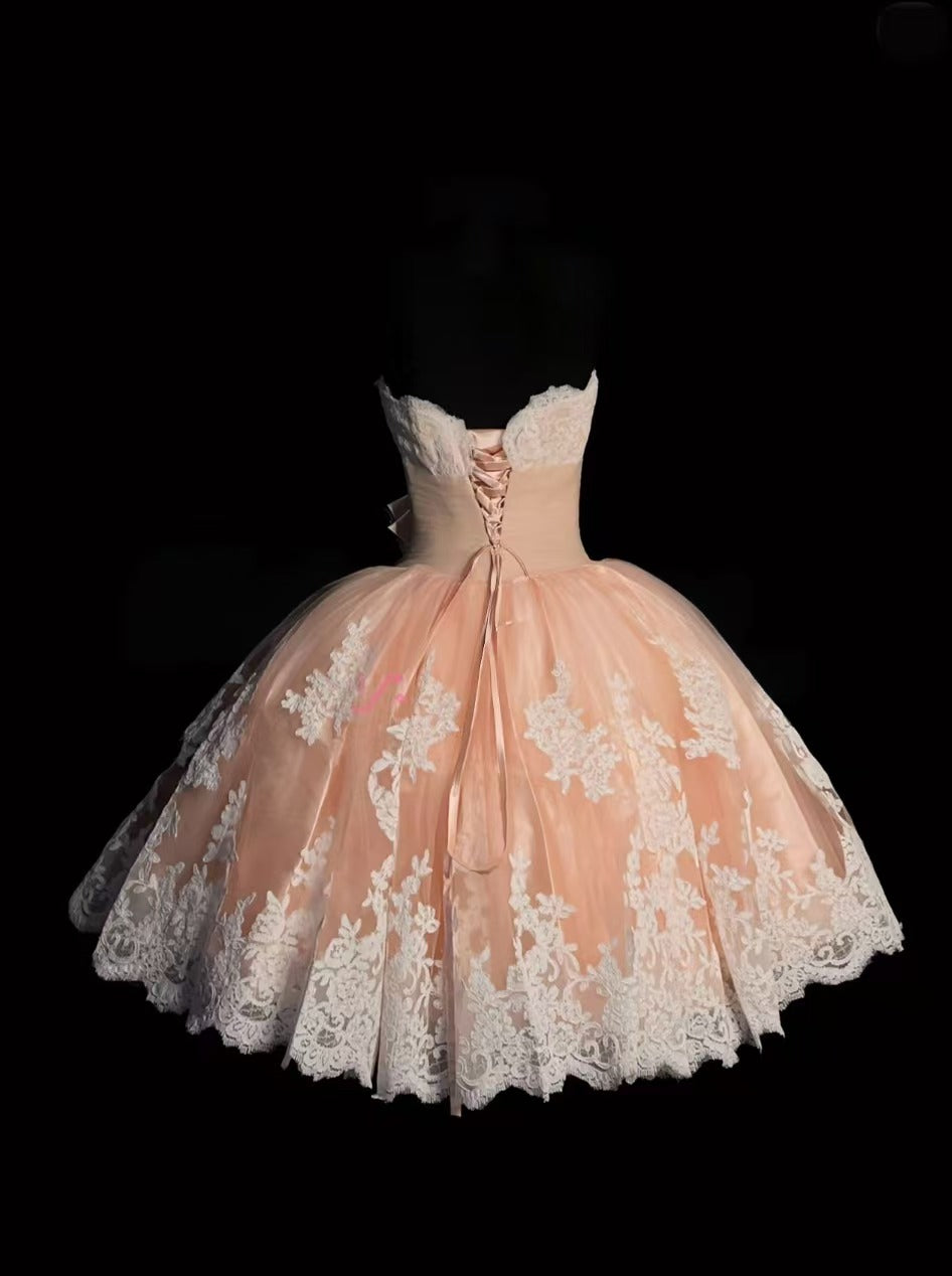 Pink Champagne Tulle lace Applique Short Prom Dress
